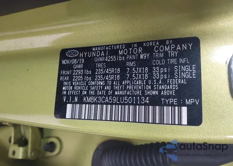 2020 Hyundai Kona Limited z USA, uszkodzony, nr VIN KM8K3CA59LU501134